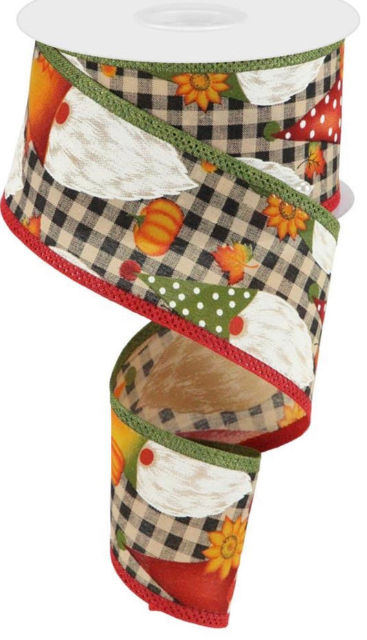 10 Yards - 2.5" Wired Gingham Background Fall Gnome Ribbon with Green and Burgundy Edge