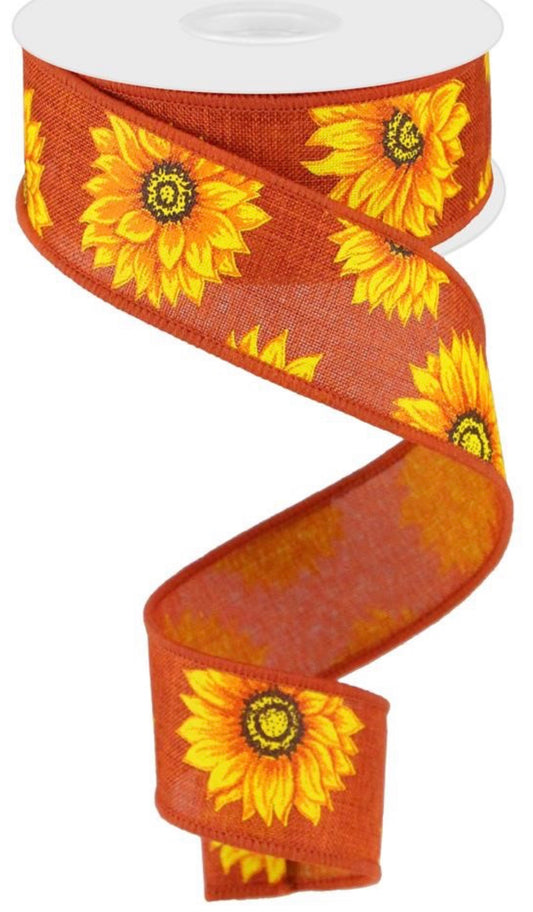 10 Yards - 1.5” Wired Burnt Orange Fall Sunflower Ribbon