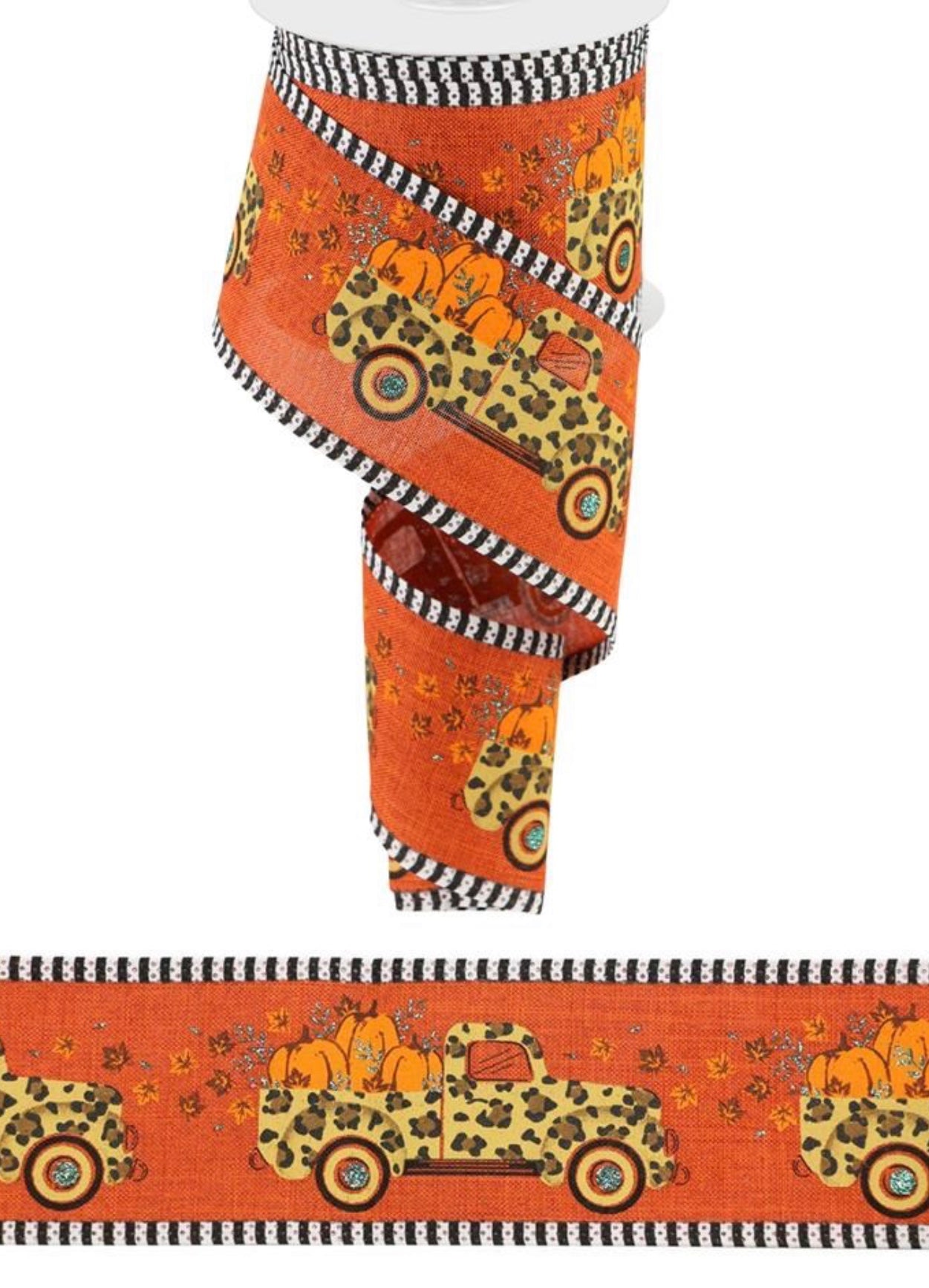 10 Yards - 2.5" Wired Burnt Orange Background Cheetah Truck Fall Pumpkin Ribbon with Blue Glitter Accent