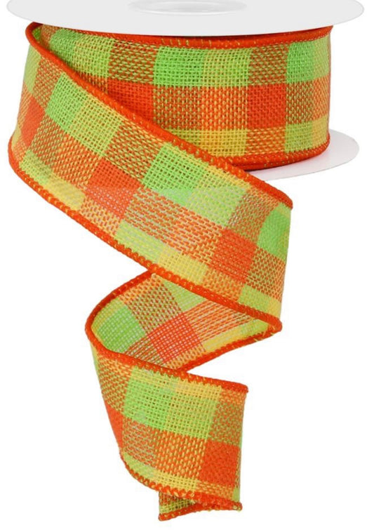 10 Yards - 1.5" Wired Orange, Lime Green, and Yellow Check Fall Ribbon