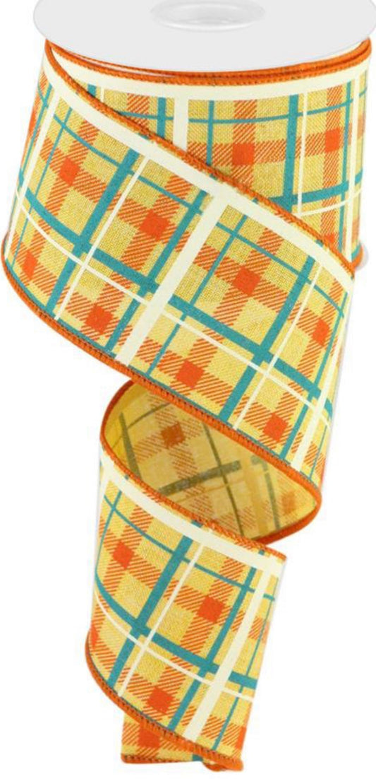 10 Yards - 2.5" Wired Yellow, Orange, Cream, and Blue Check Ribbon