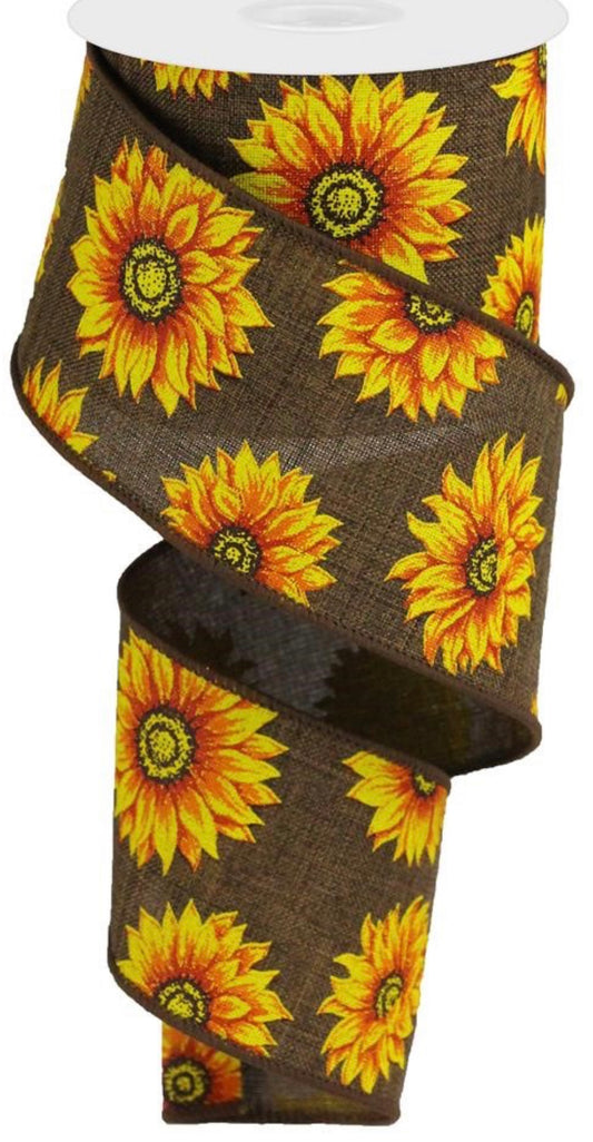 10 Yards - 2.5” Wired Brown Background Fall Sunflower Ribbon