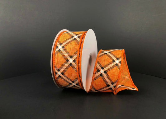 10 Yards - 1.5” Wired Orange, White, and Brown Cross Plaid Fall Ribbon