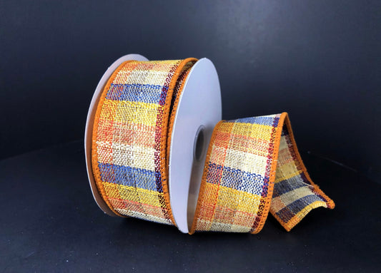 10 Yards - 1.5” Wired Navy Blue, Orange, Yellow, and Cream Plaid Fall Ribbon