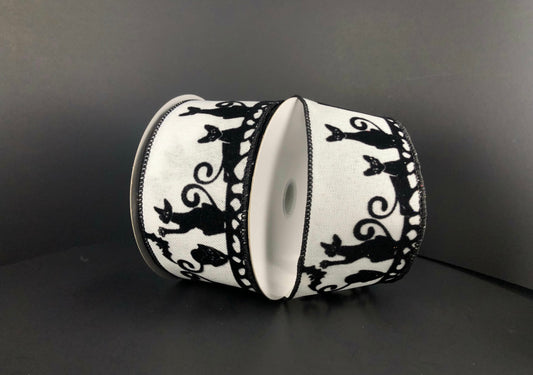 10 Yards - 2.5” Wired Black Velvet and White Spooky Cat Halloween Ribbon