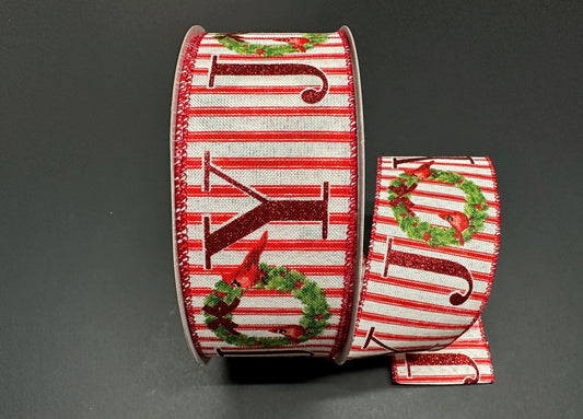 50 Yards - 2.5” Wired Joy Cardinal Christmas Ribbon with Red Stripes and Glitter Accent