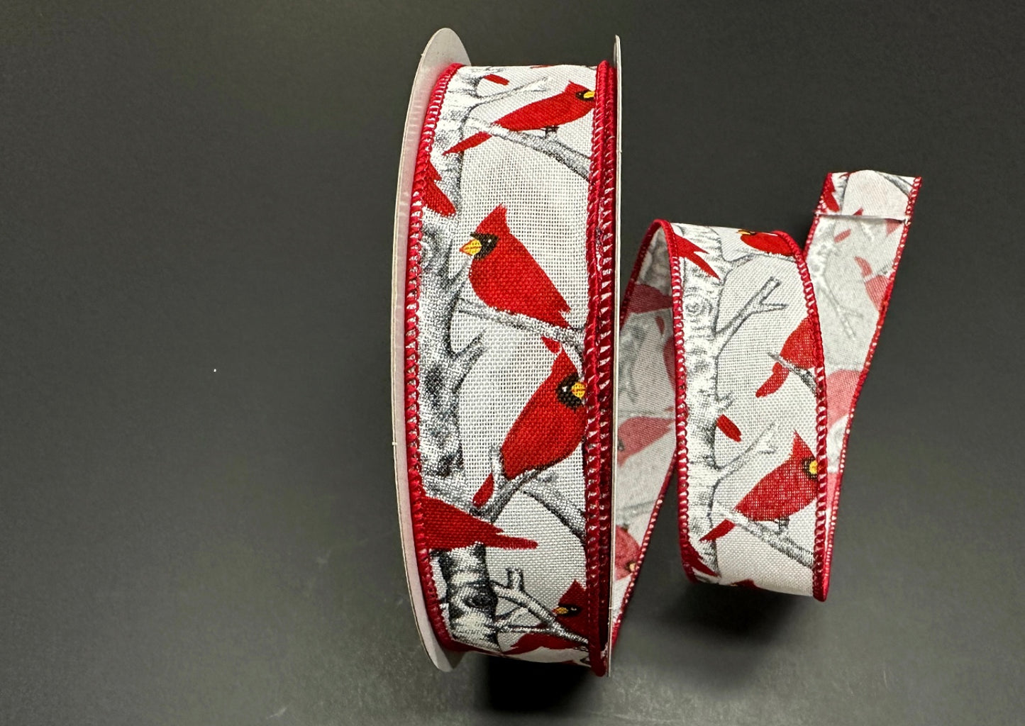 50 Yards - 1.5” Wired Snowy Birch Tree Red Cardinal Winter Ribbon with Glitter Accent