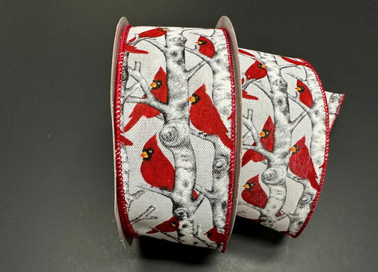 50 Yards - 2.5” Wired Snowy Birch Tree Red Cardinal Winter Ribbon with Glitter Accent