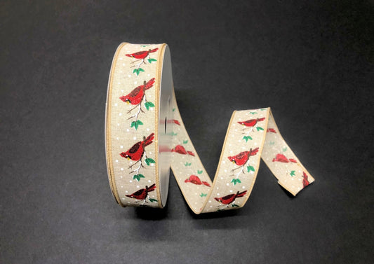 50 Yards - 1.5” Wired Snowy Red Cardinal Winter Ribbon with Glitter Accent