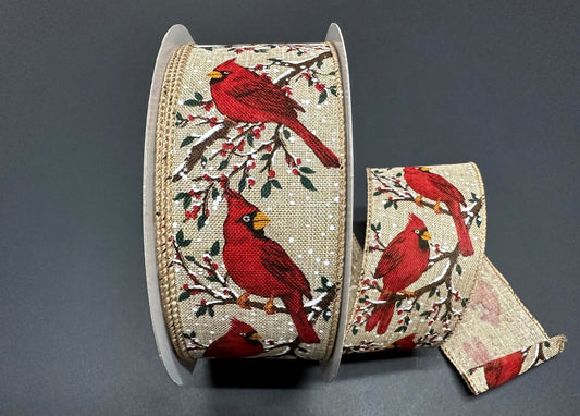 50 Yards - 2.5” Wired Snowy Red Cardinal Winter Ribbon