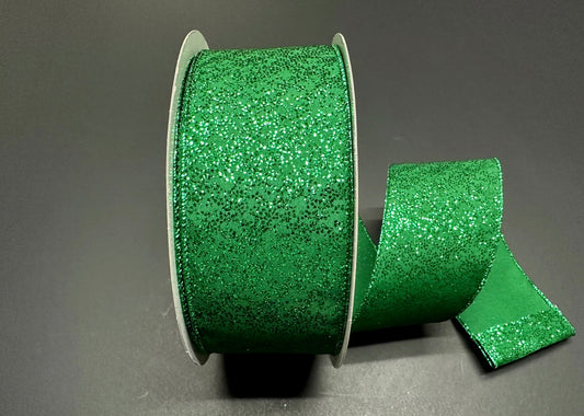 50 Yards - 2.5” Wired Emerald Green Glitter Christmas Ribbon