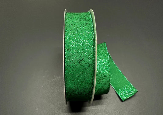 50 Yards - 1.5” Wired Emerald Green Glitter Christmas Ribbon