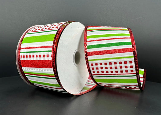 10 Yards - 2.5” Wired Christmas Stripe and Check Ribbon with Glitter Accent