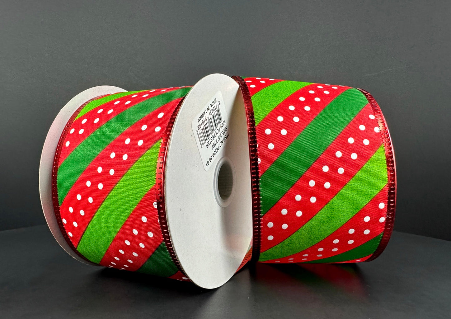 10 Yards - 2.5” Wired Christmas Swirl Dot Stripe Ribbon