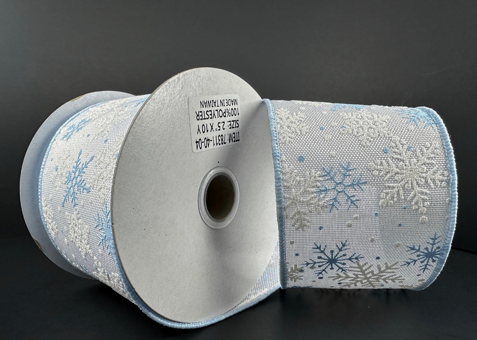 10 Yards - 2.5” Wired Blue and White Winter Snowflake Ribbon with Glit ...
