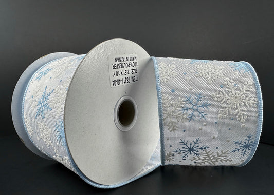 10 Yards - 2.5” Wired Blue and White Winter Snowflake Ribbon with Glitter Accent