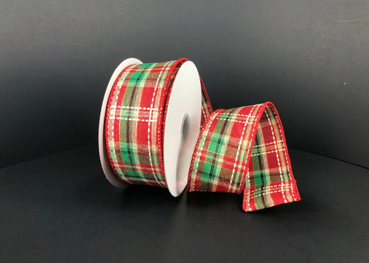 10 Yards - 1.5” Wired Traditional Christmas Check Ribbon with Metallic Accent