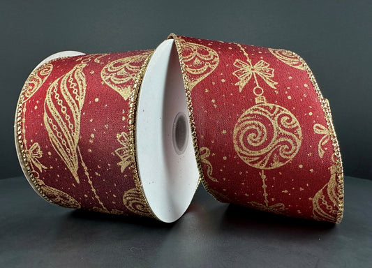 10 Yards - 2.5” Wired Burgundy and Gold Christmas Ornament Ribbon