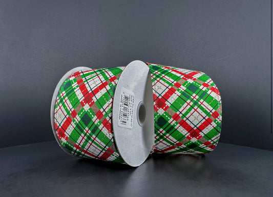 10 Yards - 2.5” Wired Christmas Check Ribbon with Gold Glitter Accent