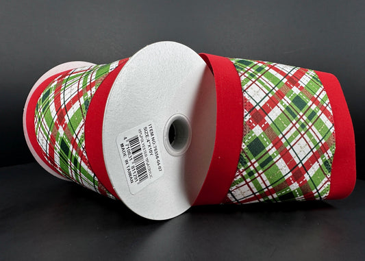 10 Yards - 4” Wired Christmas Check Ribbon with Gold Glitter Accent and Red Velvet Edge