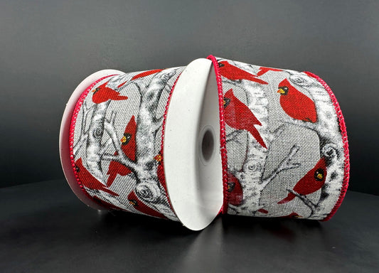 10 Yards - 2.5” Wired Snowy Birch Tree Red Cardinal Winter Ribbon with Glitter Accent and Gray Background