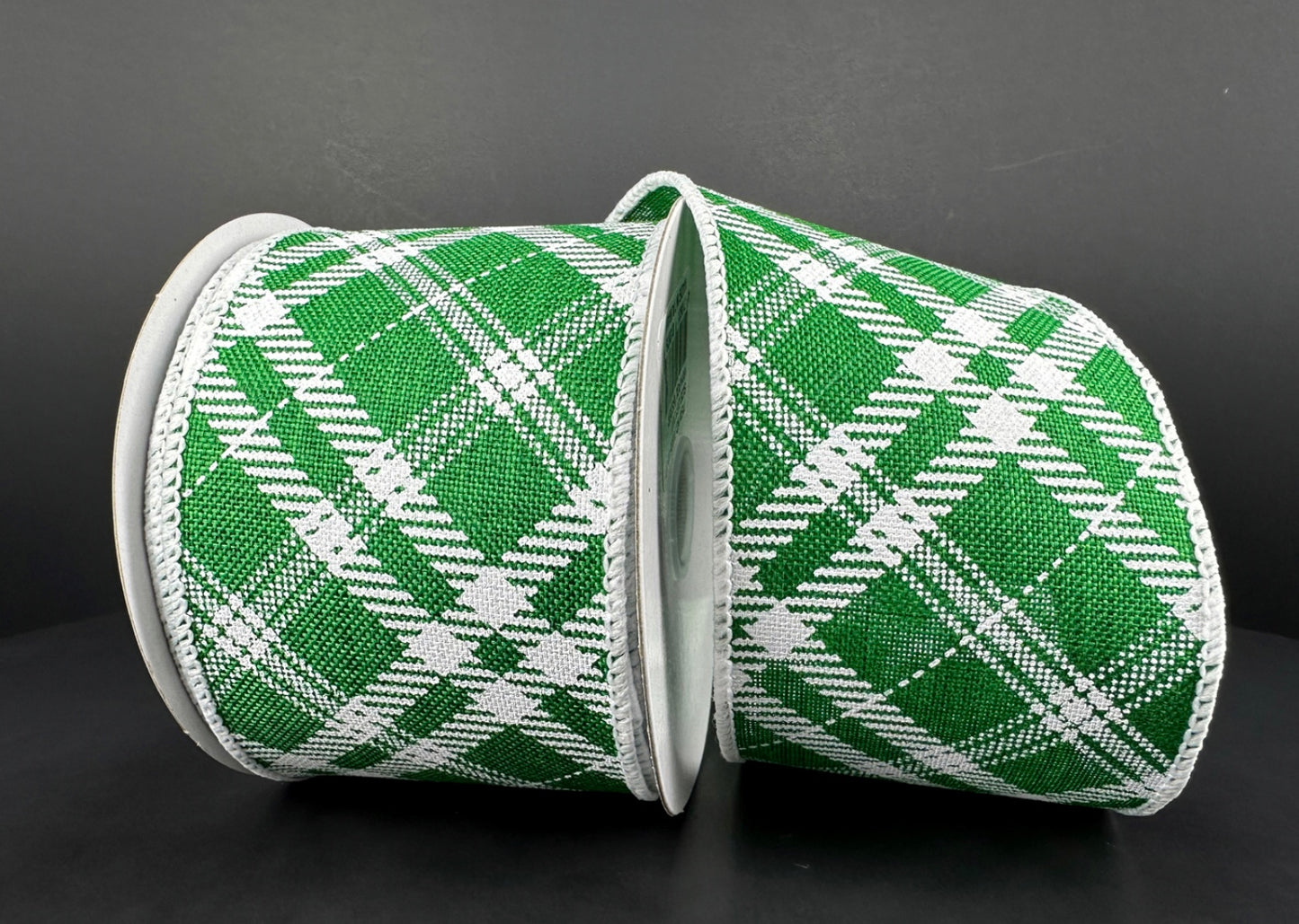 10 Yards - 2.5” Wired Emerald Green and White Cross Plaid Ribbon