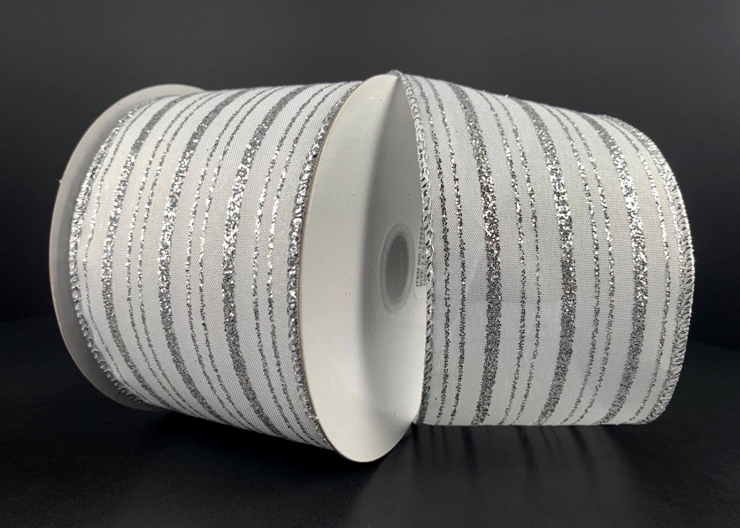 10 Yards - 2.5” Wired White Satin Ribbon with Silver Glitter Stripes