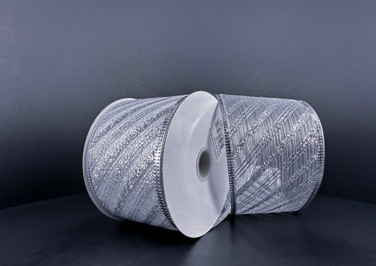 10 Yards - 2.5” Wired Silver Semi-Sheer Ribbon with Glitter Accent