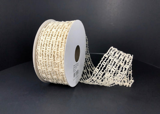 10 Yards - 1.5" Wired Cream Open Weave Stretchy Ribbon