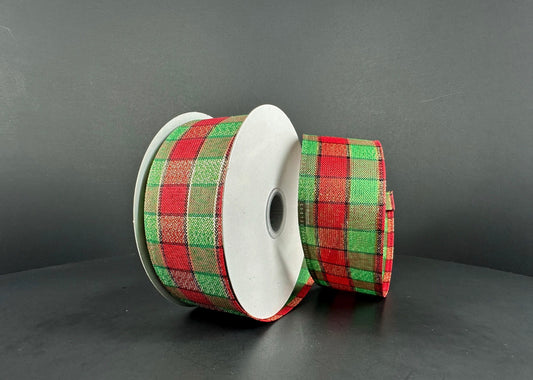 10 Yards - 1.5” Wired Red, Green, and Gold Christmas Check Ribbon