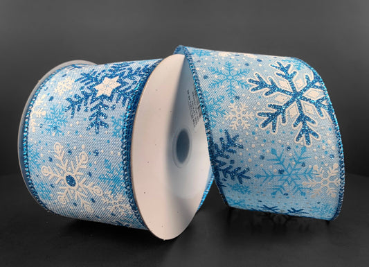 10 Yards - 2.5” Wired Light Blue and White Winter Snowflake Ribbon with Glitter Accent