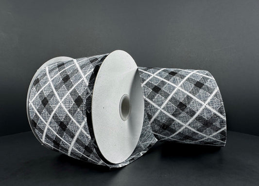 10 Yards - 2.5” Wired Gray, Black, and White Cross Check Ribbon with Glitter Accent