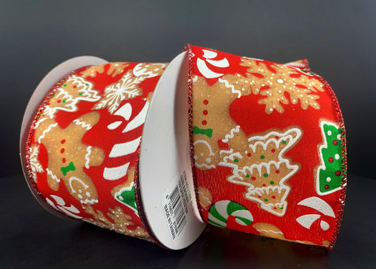 10 Yards - 2.5” Wired Candy Cane, Christmas Tree, and Gingerbread Christmas Ribbon with Glitter Accent