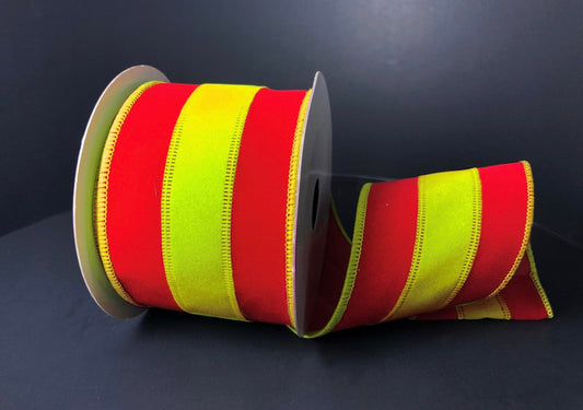 10 Yards - 2.5” Wired Lime Green and Red Velvet Stripe Christmas Ribbon