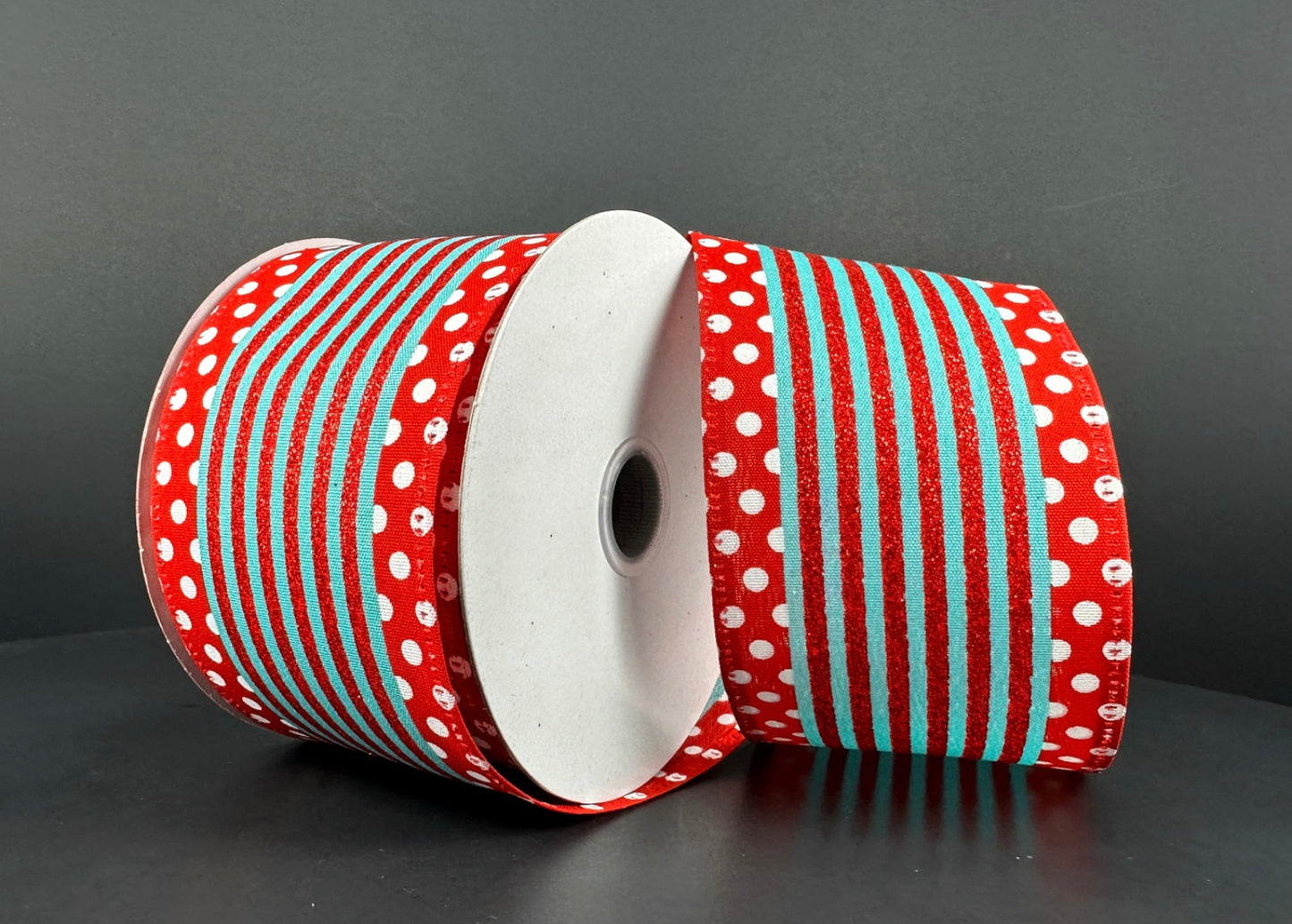 10 Yards - 2.5” Wired Blue, Red, and White Dot Stripe Christmas Ribbon with Glitter Accent