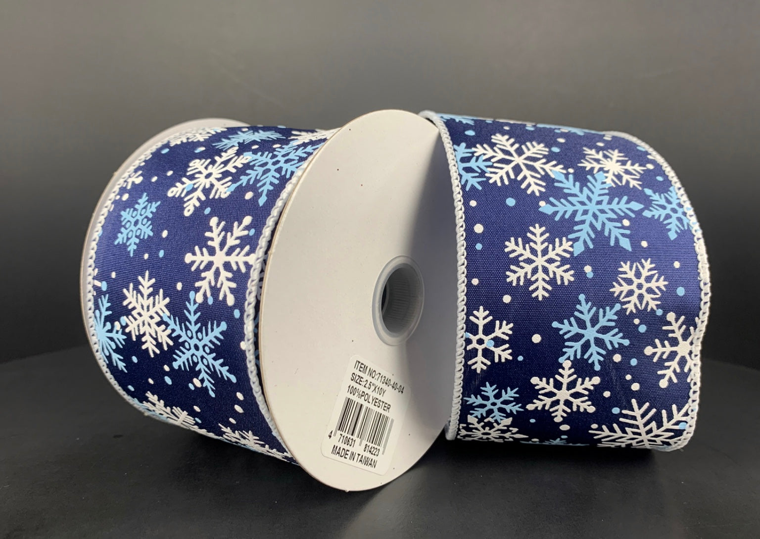 10 Yards - 2.5” Wired Navy Blue and White Winter Snowflake Ribbon ...