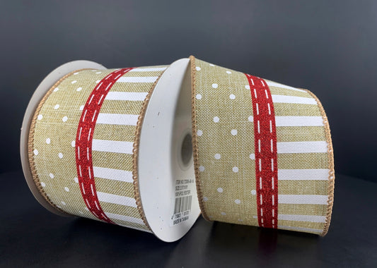 10 Yards - 2.5” Wired Natural and White Stripe Dot Ribbon with Red Glitter Accent