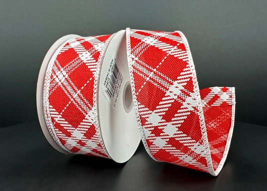 10 Yards - 1.5” Wired Red and White Cross Check Ribbon