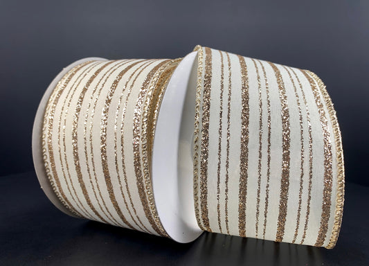 10 Yards - 2.5” Wired Champagne Satin Ribbon with Gold Glitter Stripes