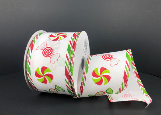 10 Yards - 2.5” Wired Christmas Peppermint Candy Ribbon with Stripe Edge and Glitter Accent