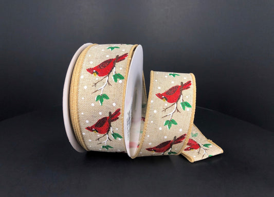 10 Yards - 1.5” Wired Red Cardinal Winter Ribbon with Glitter Accent