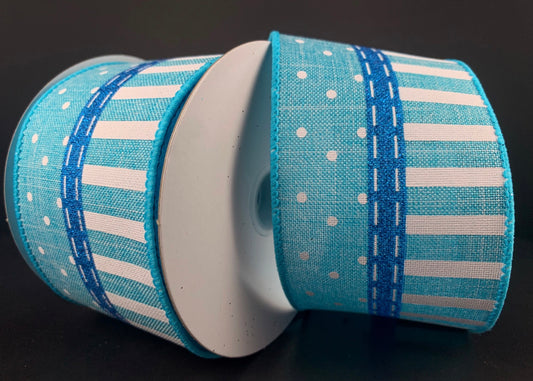 10 Yards - 2.5” Wired Blue and White Stripe Dot Ribbon with Blue Glitter Accent