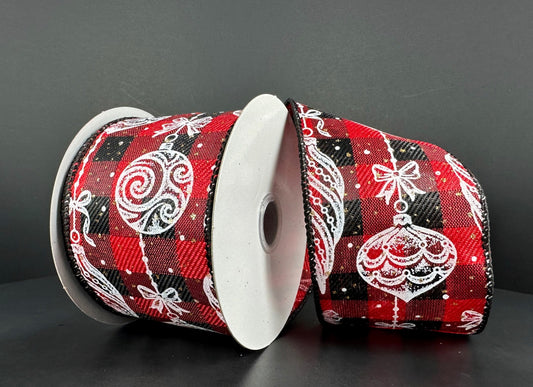 10 Yards - 2.5” Wired Red and Black Check Christmas Ornament Ribbon with Gold Glitter Accent