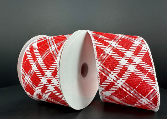 10 Yards - 2.5” Wired Red and White Cross Check Ribbon