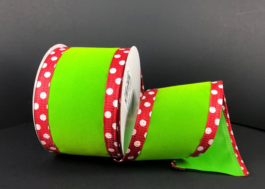 10 Yards - 2.5” Wired Lime Green Velvet Christmas Ribbon with Red and White Dot Edge