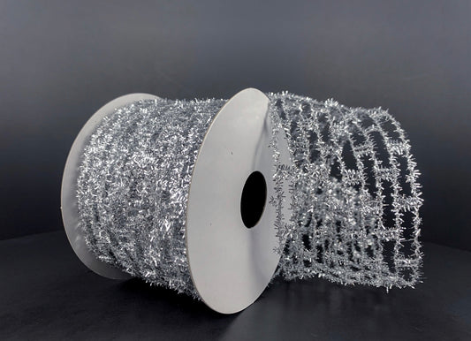 10 Yards - 2.5” Wired Silver Open Weave Tinsel Ribbon