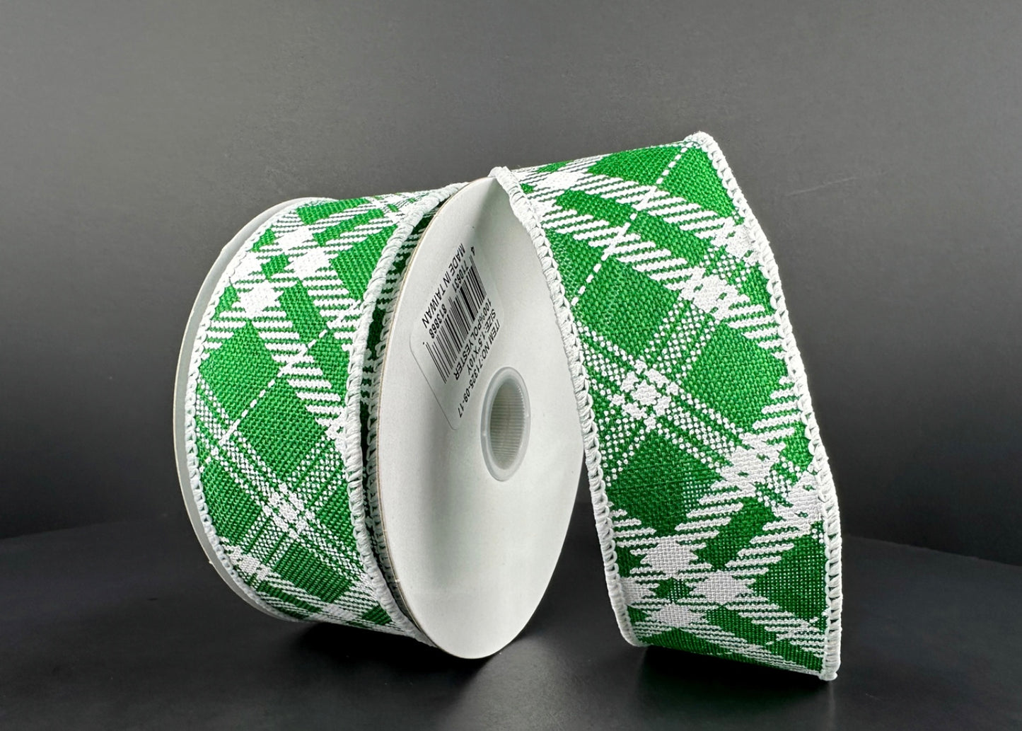 10 Yards - 1.5” Wired Emerald Green and White Cross Plaid Ribbon