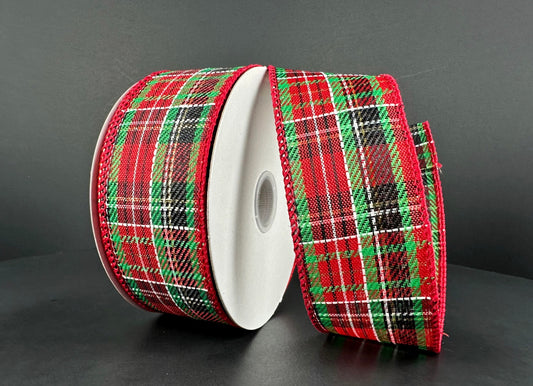 10 Yards - 1.5” Wired Traditional Christmas Check Ribbon with Gold Shimmer Accent