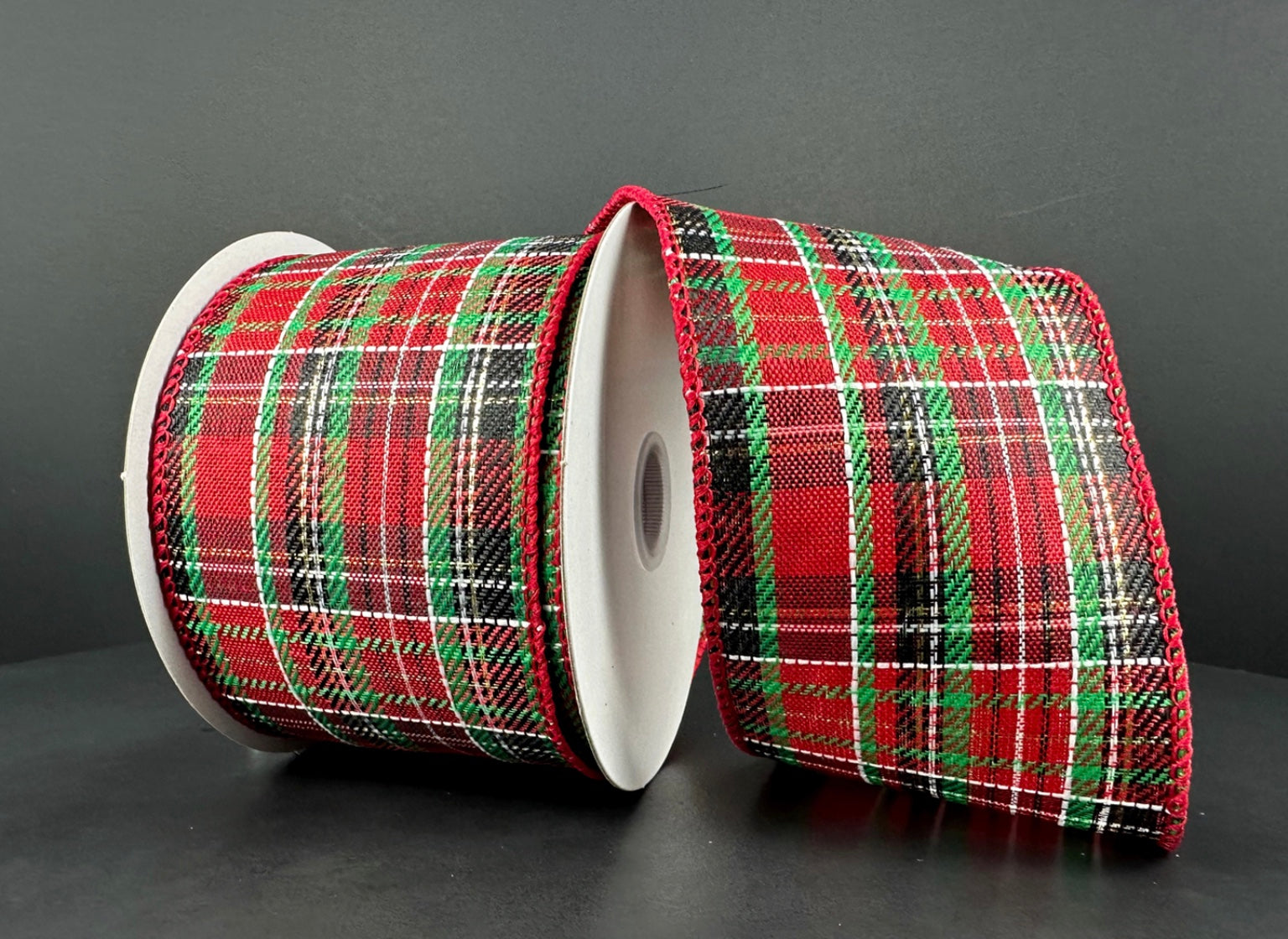 10 Yards - 2.5” Wired Traditional Christmas Check Ribbon with Gold Shi ...