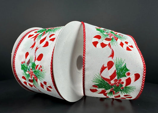 10 Yards - 2.5” Wired Candy Cane Holly Ribbon with Glitter Accent